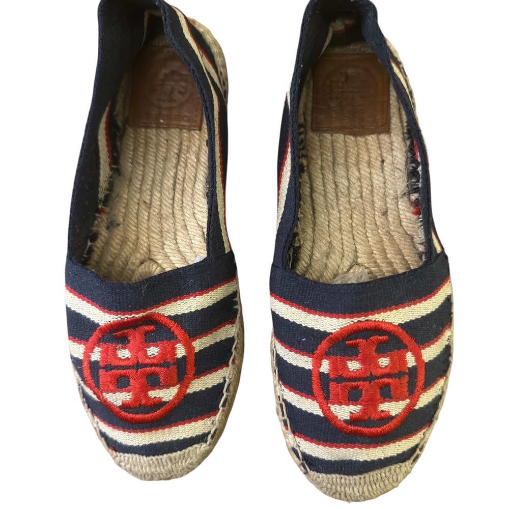 Tory Burch Espadrille Flats Striped Logo Slip On Casual Shoes Size‎ 5